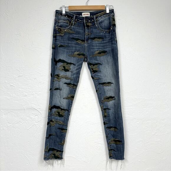 DRIFTWOOD Denim - Driftwood High Rise Camo Embroidered Studded Raw Hem Blue Jeans Womens 28 Jackie
